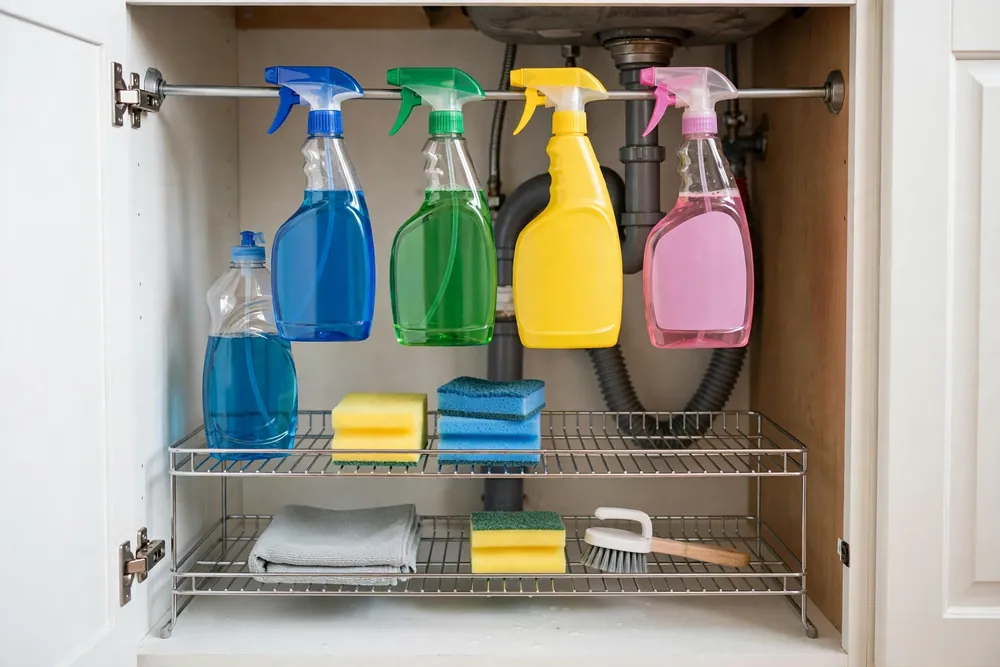 Tension rod inside an under sink cabinet holding spray bottles by their triggers