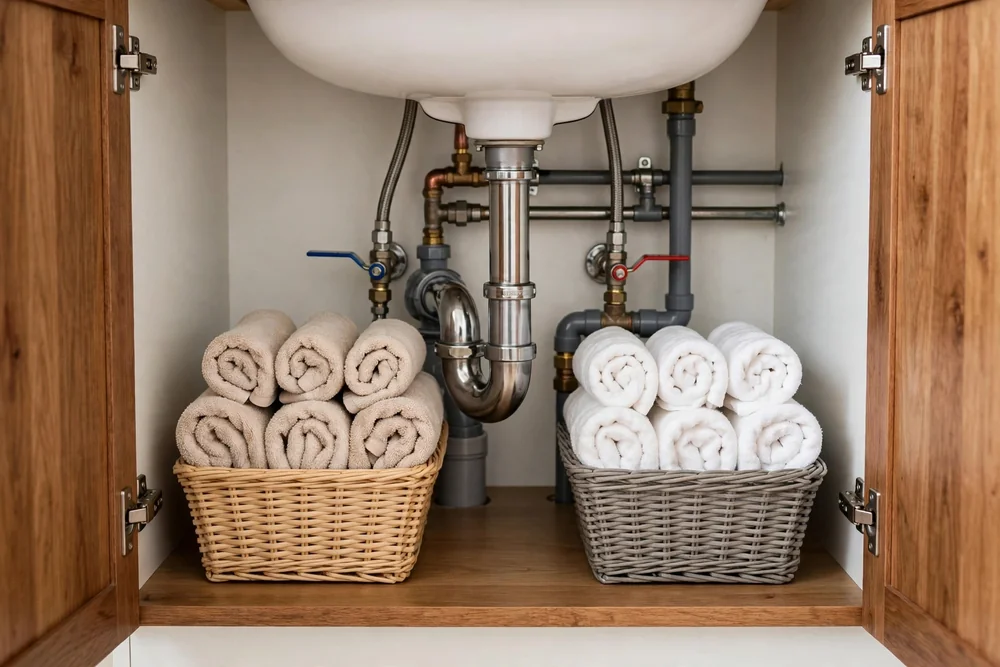Under-sink bathroom cabinet with small bins holding rolled towels
