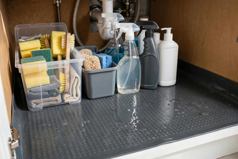 Waterproof mat with raised edges lining the base of an under sink cabinet