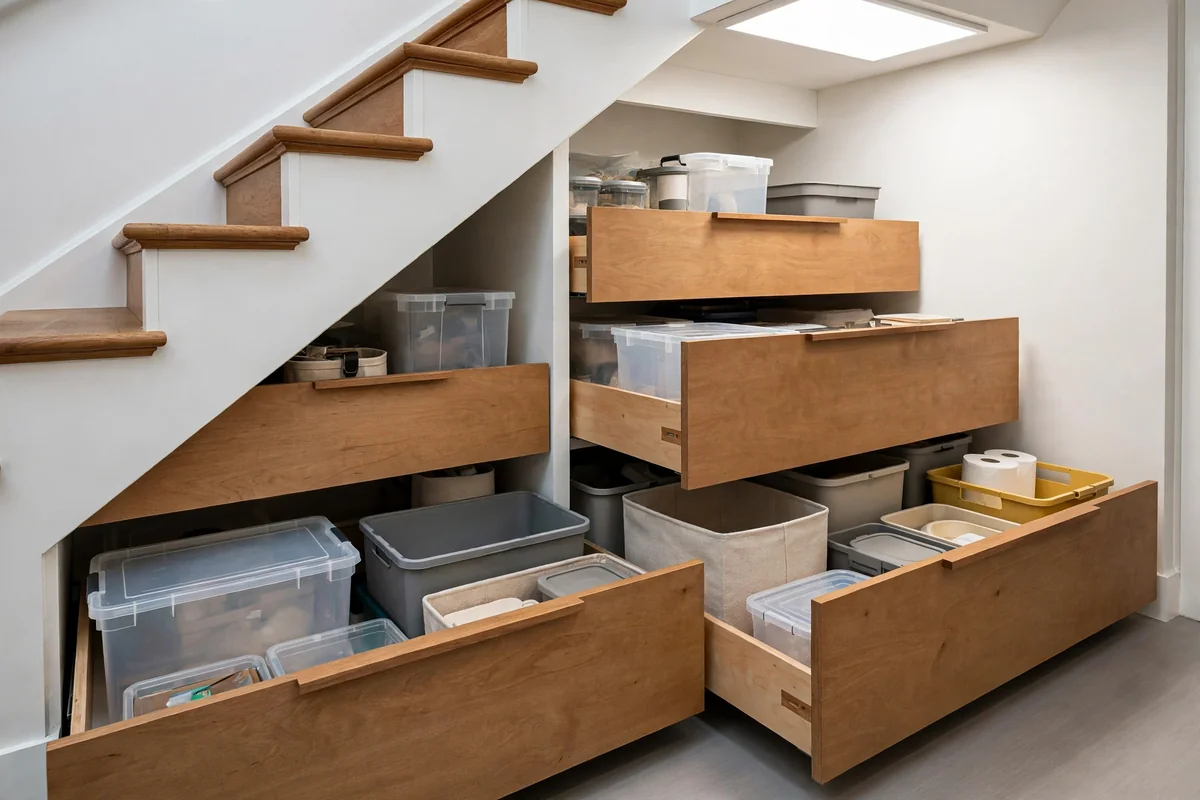 Deep pull-out drawers with bulk storage bins under stairs