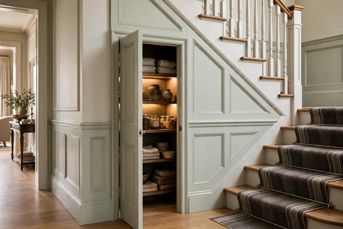 Hidden door in wainscoting under stairs, slightly ajar
