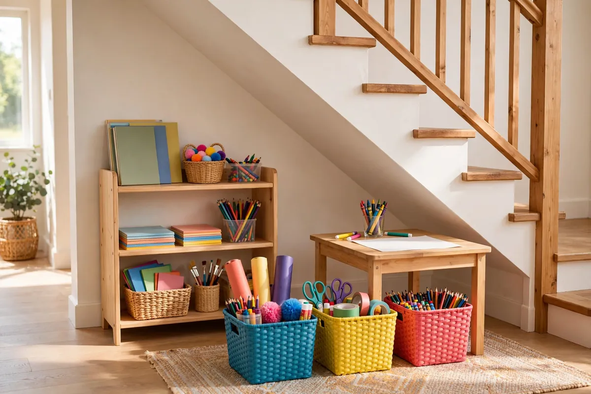 Kids art station with table and colorful bins under the stairs