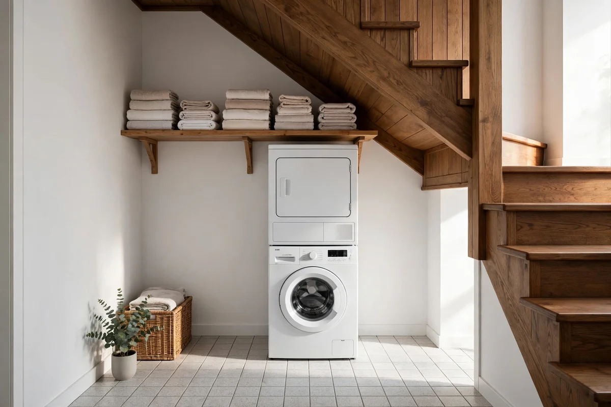 Stacked washer and dryer in a laundry nook under the stairs