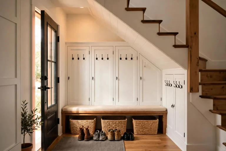 Under stairs storage ideas: mudroom lockers with bench and coat hooks built under a staircase