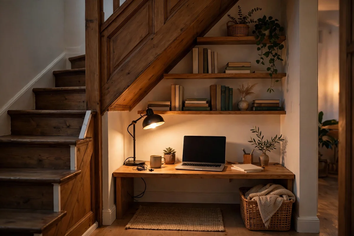 Small home office nook with desk and floating shelves under stairs