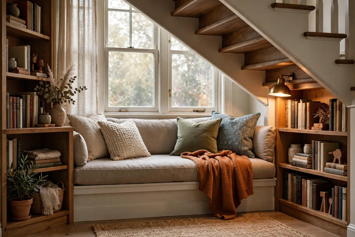 Cozy reading bench with bookshelves under a staircase