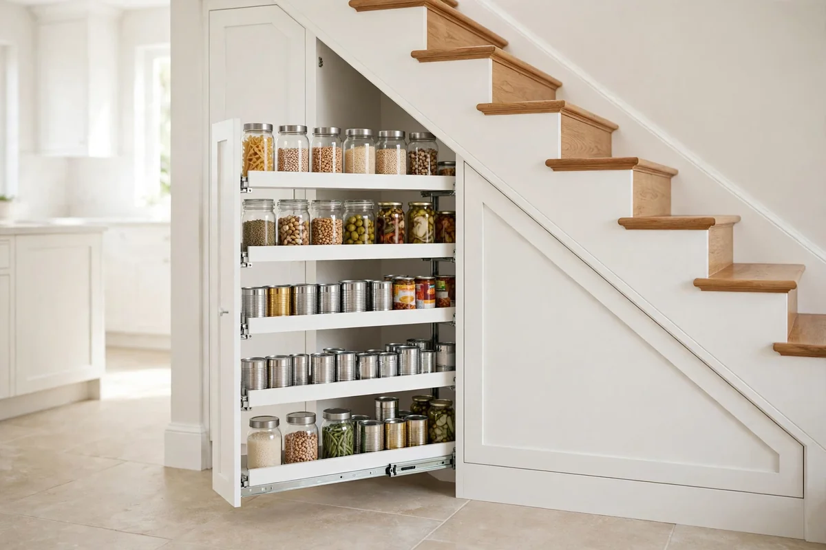 Pull-out pantry shelves stocked with jars under a staircase