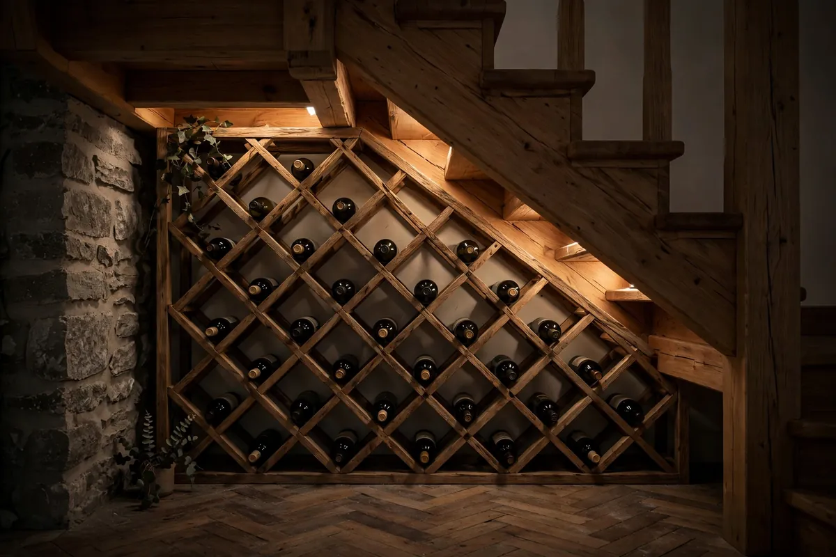 Wooden wine rack built into the wall under a staircase