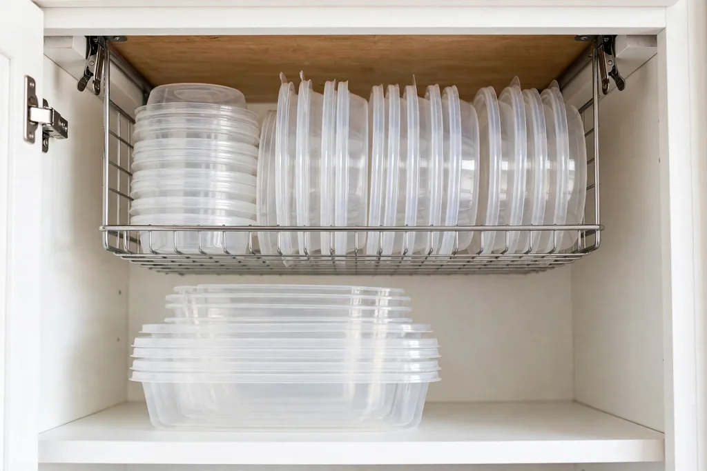 Wire undershelf basket under a cabinet shelf holding lightweight plastic lids above nested containers