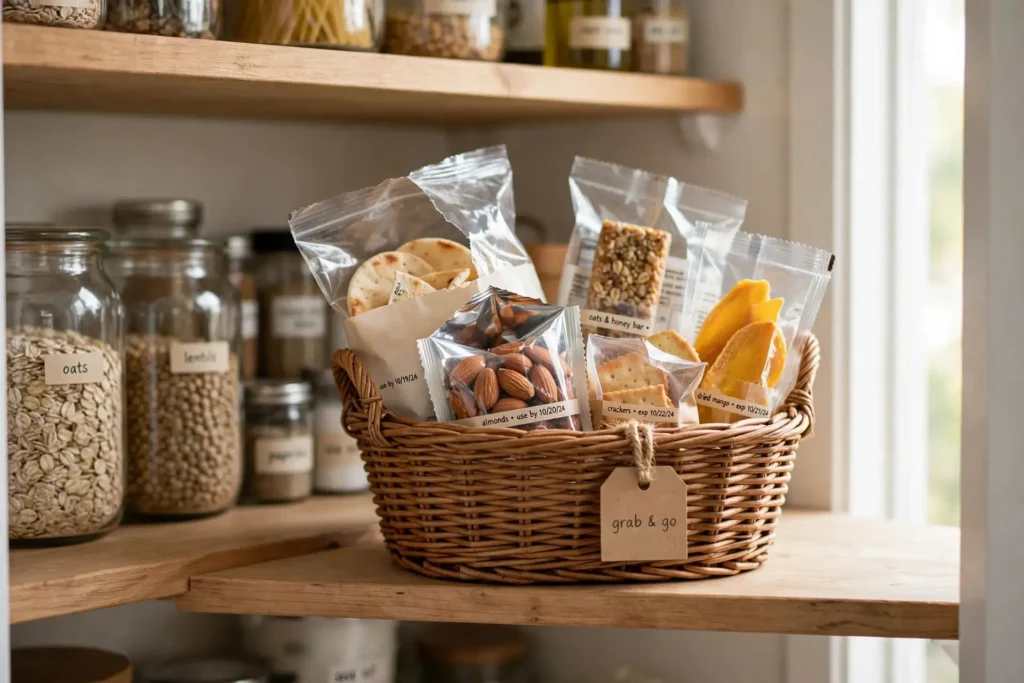 Use-soon basket with open packages at eye level in a pantry