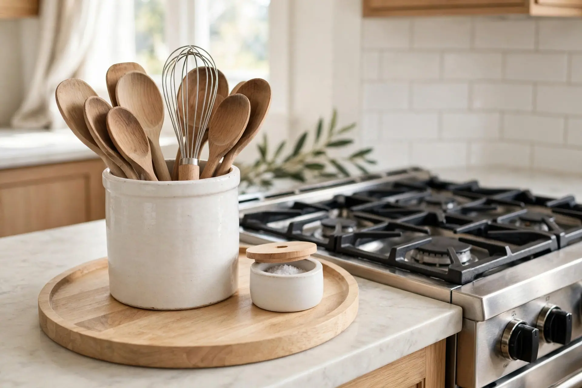 Ceramic utensil crock with wooden spoons on a wooden tray by the stove