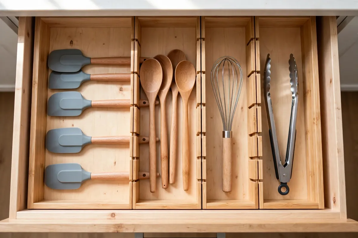 Utensil drawer with adjustable bamboo dividers separating spatulas, tongs, whisks, and serving tools
