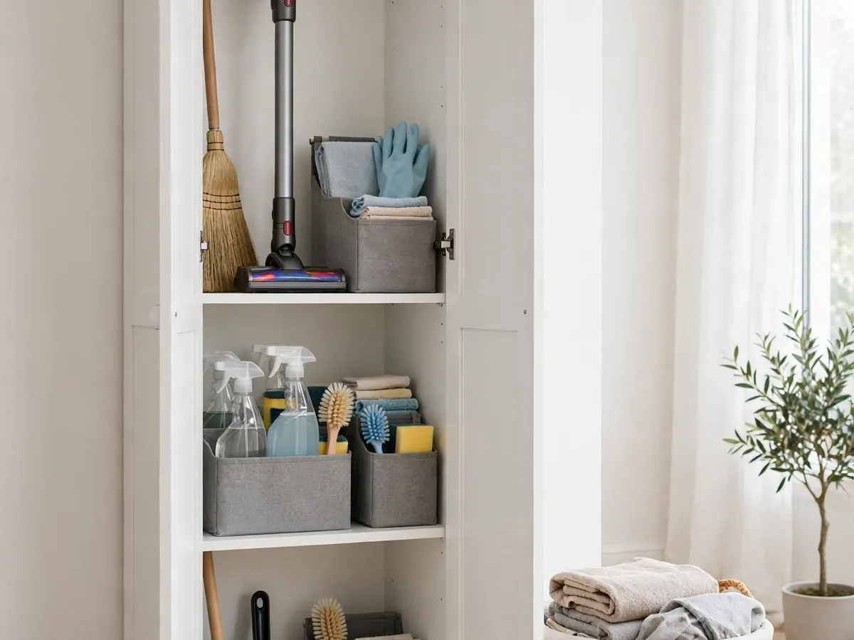 Narrow utility cabinet storing a vacuum and cleaning supplies