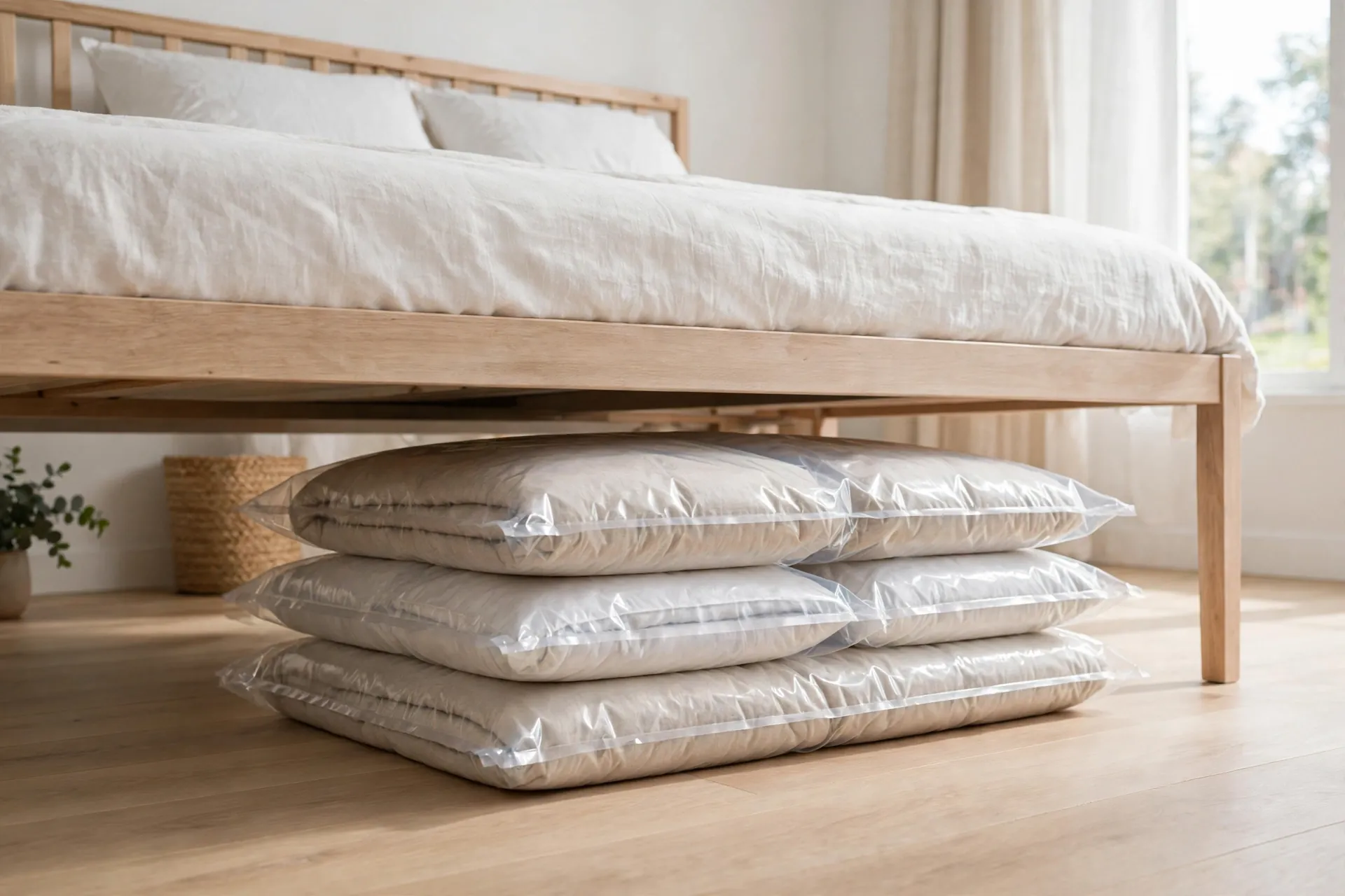Flat vacuum-sealed storage bags packed with bedding under a bed