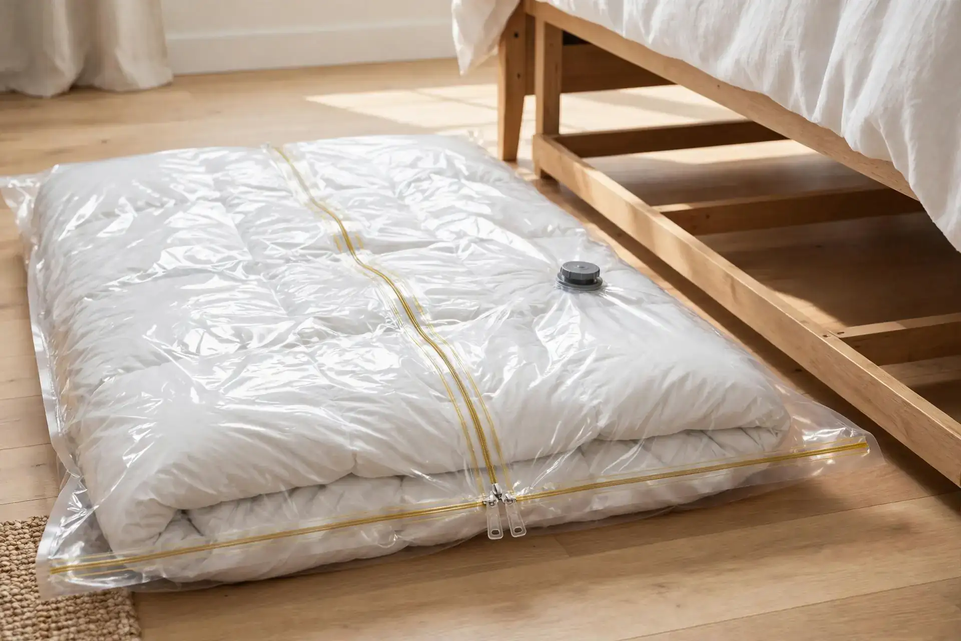 Vacuum-sealed bag compressing a bulky winter comforter for under bed storage