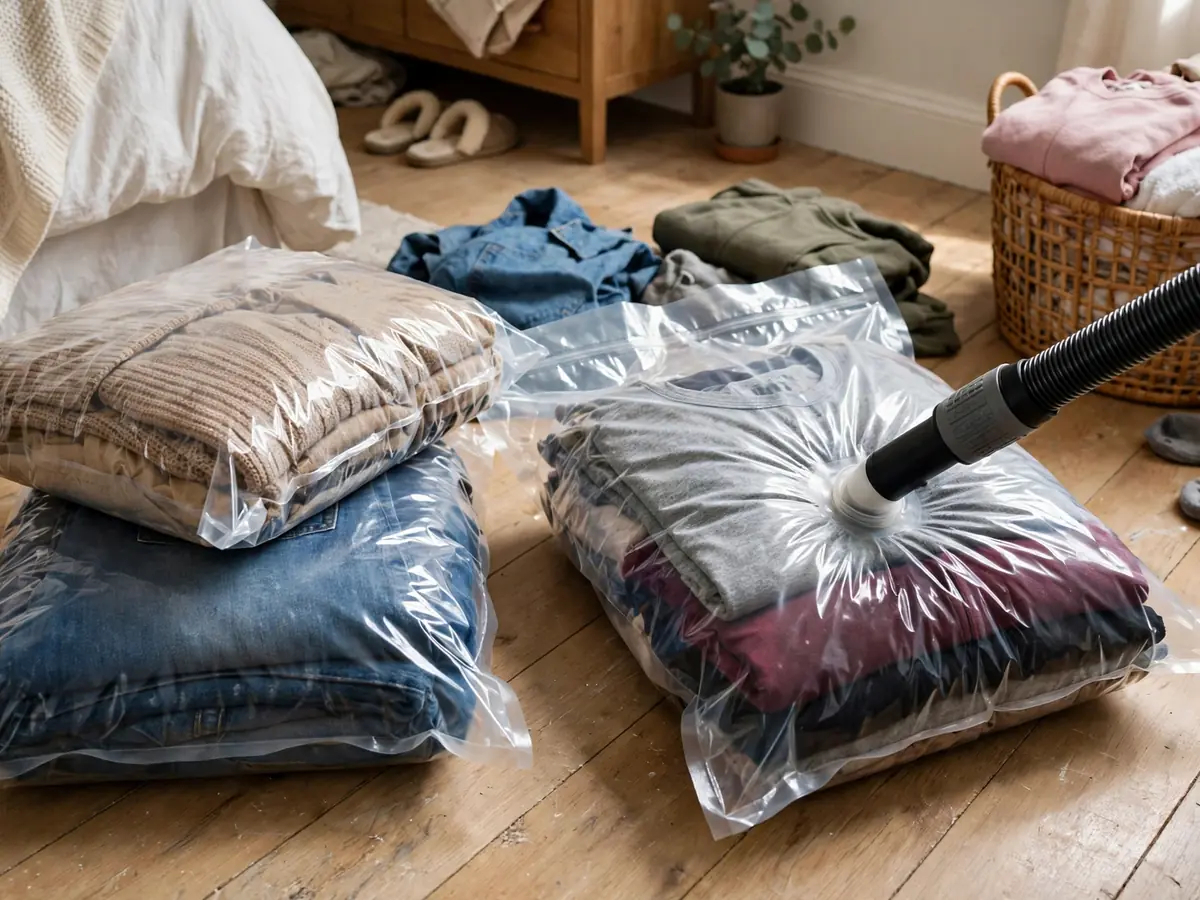 Vacuum storage bags packed with folded summer clothes