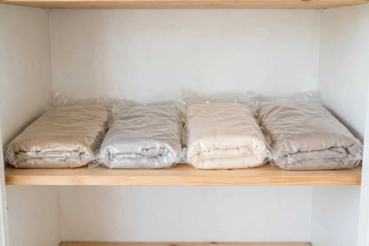 Vacuum storage bags with compressed blankets neatly stored on the top shelf of a linen closet