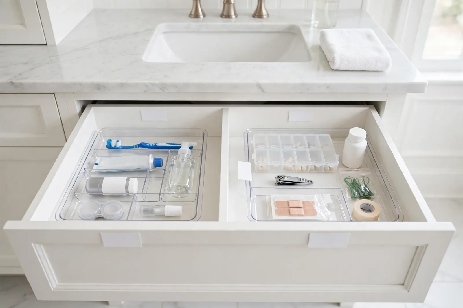 Bathroom vanity drawers organized by daily and weekly routines with labeled zones.