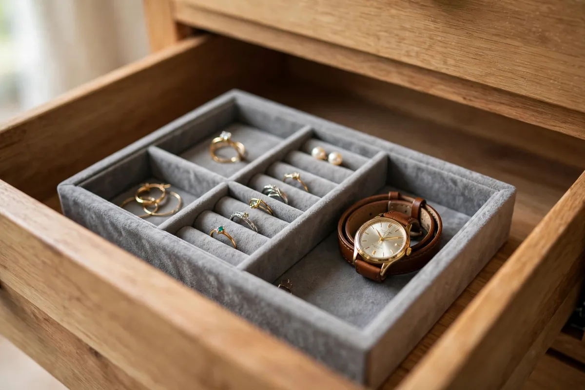 Velvet jewelry tray insert with compartments in a dresser top drawer