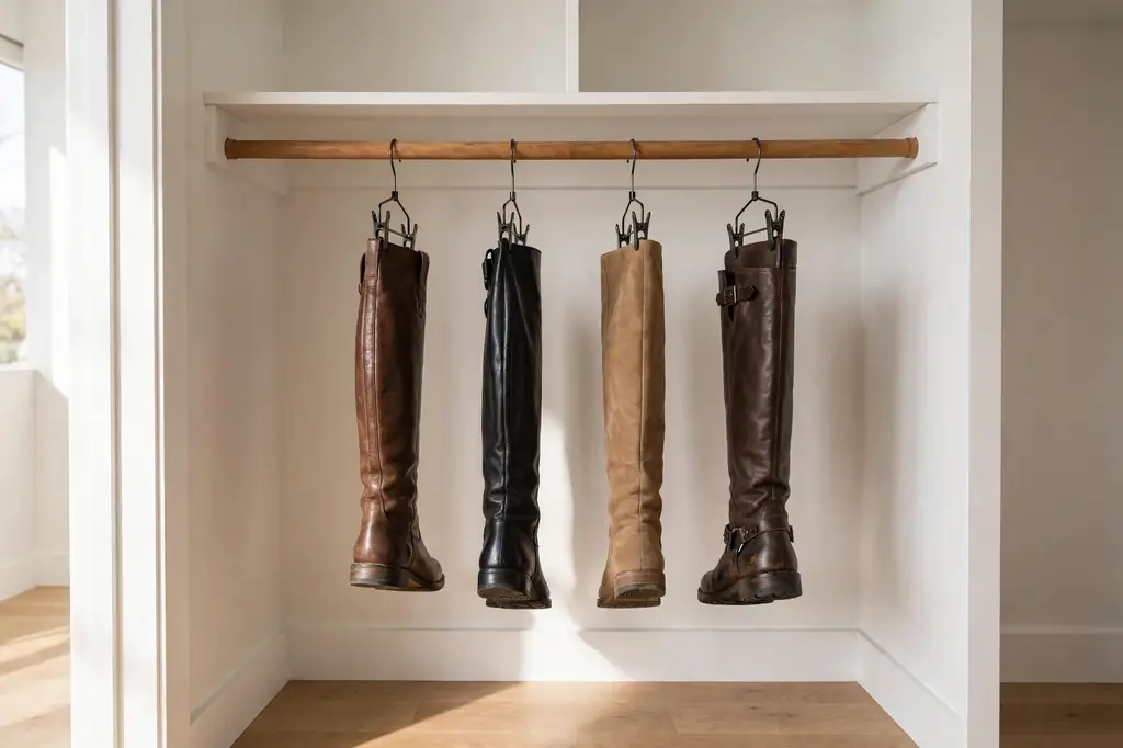 Tall boots hanging from clip hangers on a closet rod with clear floor space beneath.