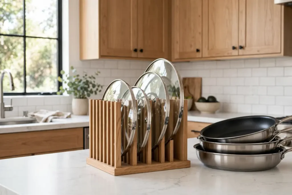 Wooden vertical organizer holding pot lids upright like files