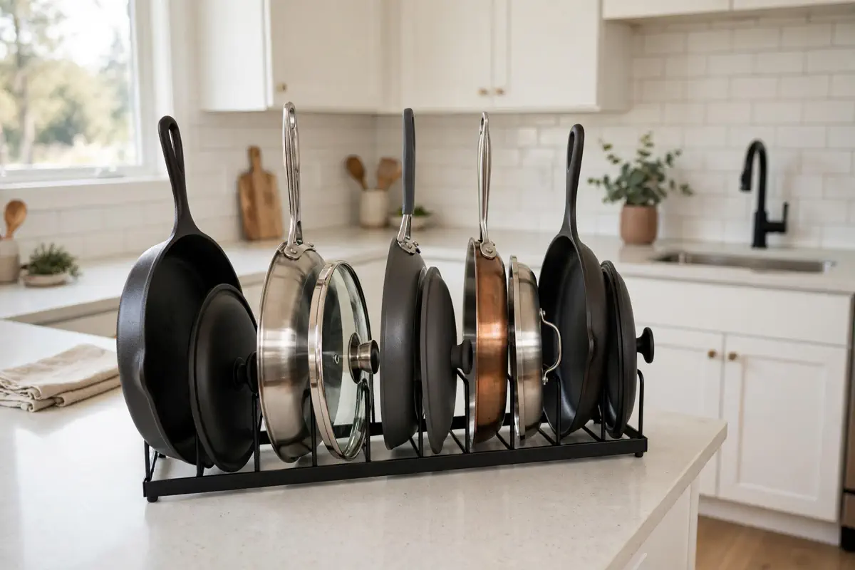 Vertical pan rack organizer holding skillets upright on a kitchen counter