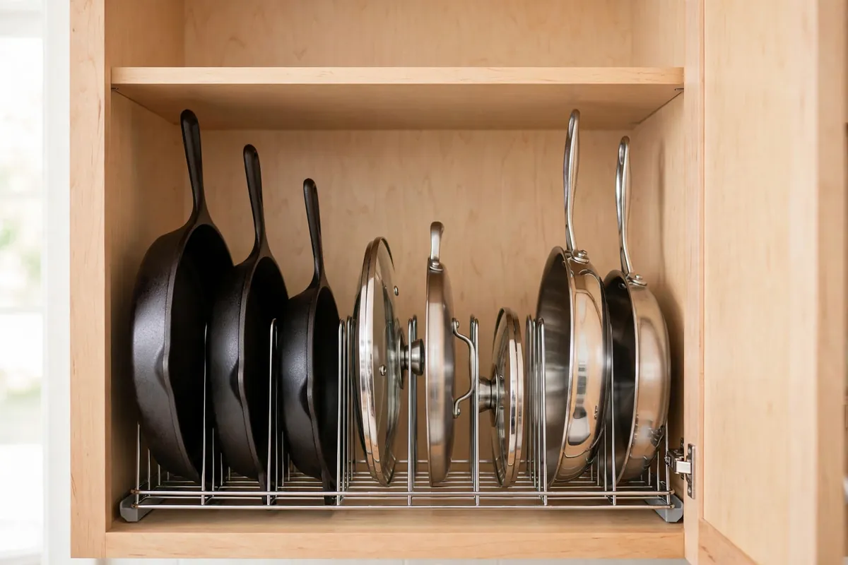 Cabinet interior with vertical pots and pans organizer holding skillets upright