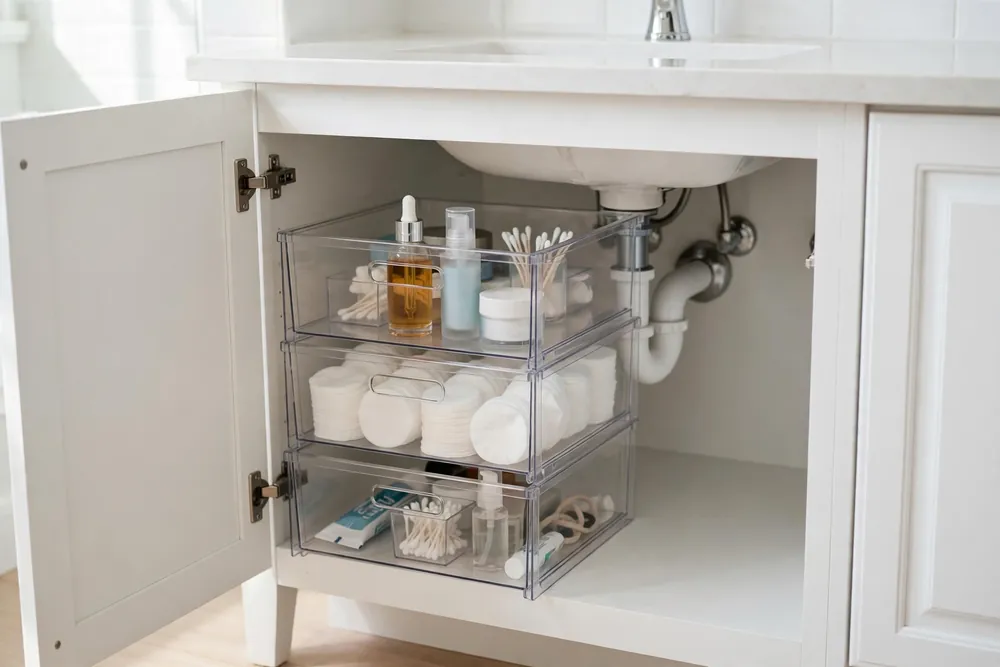 Vtopmart clear stackable storage drawers in a bathroom vanity holding small toiletries