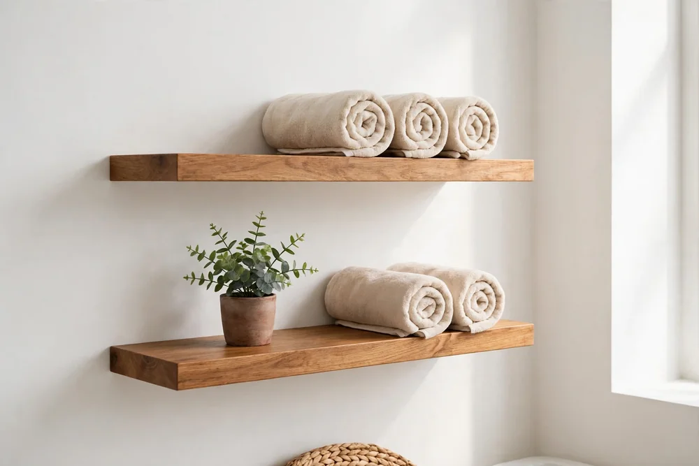 Floating wood shelves on a white bathroom wall holding rolled towels