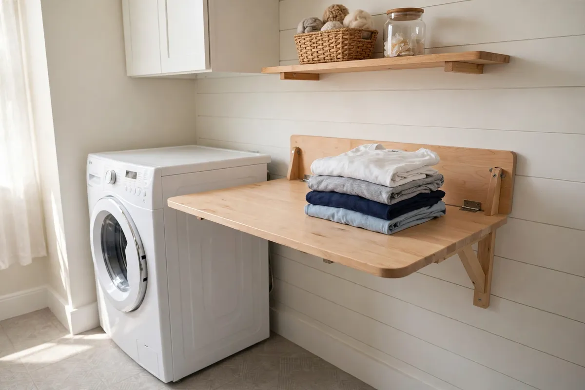 Wall-mounted drop-leaf table unfolded in a small laundry room used as a folding station