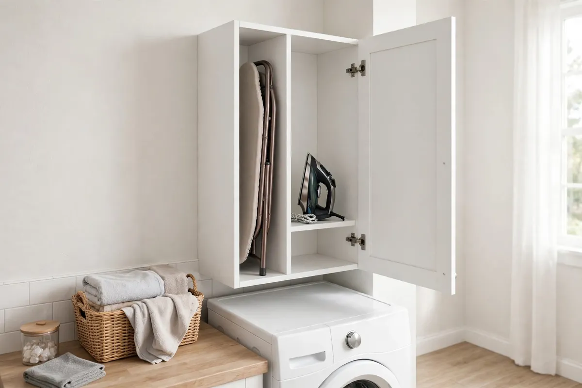 Ironing board stored flat inside a slim wall-mounted cabinet in a small laundry room