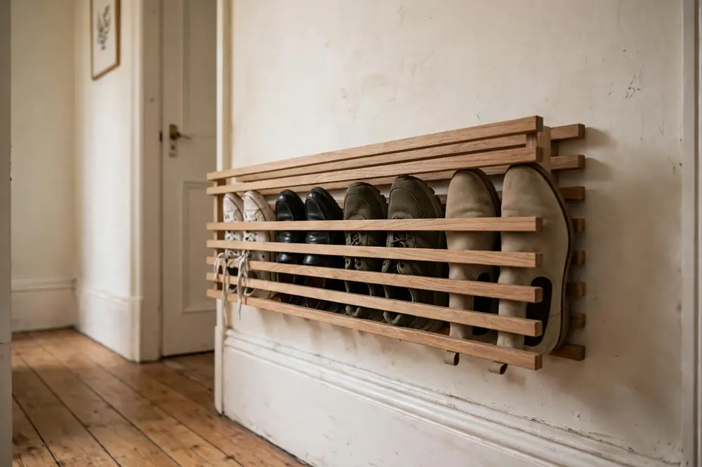 Wall-mounted slatted shoe rack with shoes in a narrow hallway