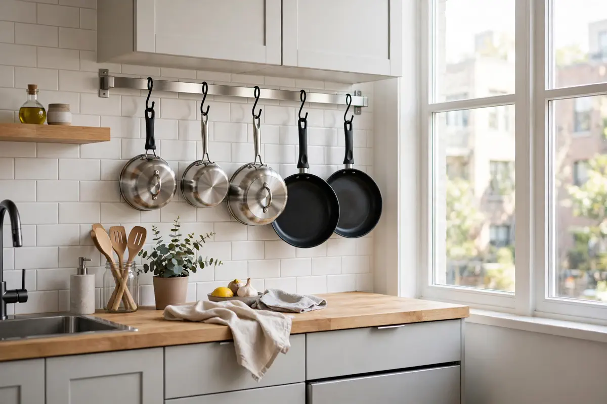 Wall-mounted rail with S-hooks holding pots and pans in a small kitchen