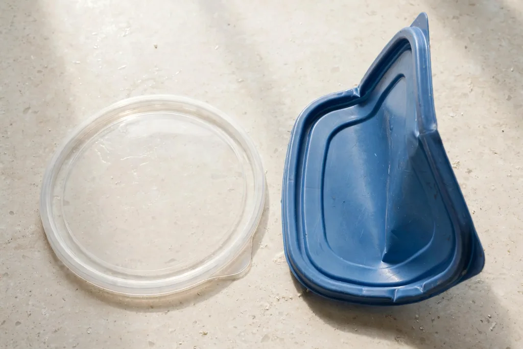 A warped blue plastic lid rocking on a countertop next to a flat clear lid during a flatness test
