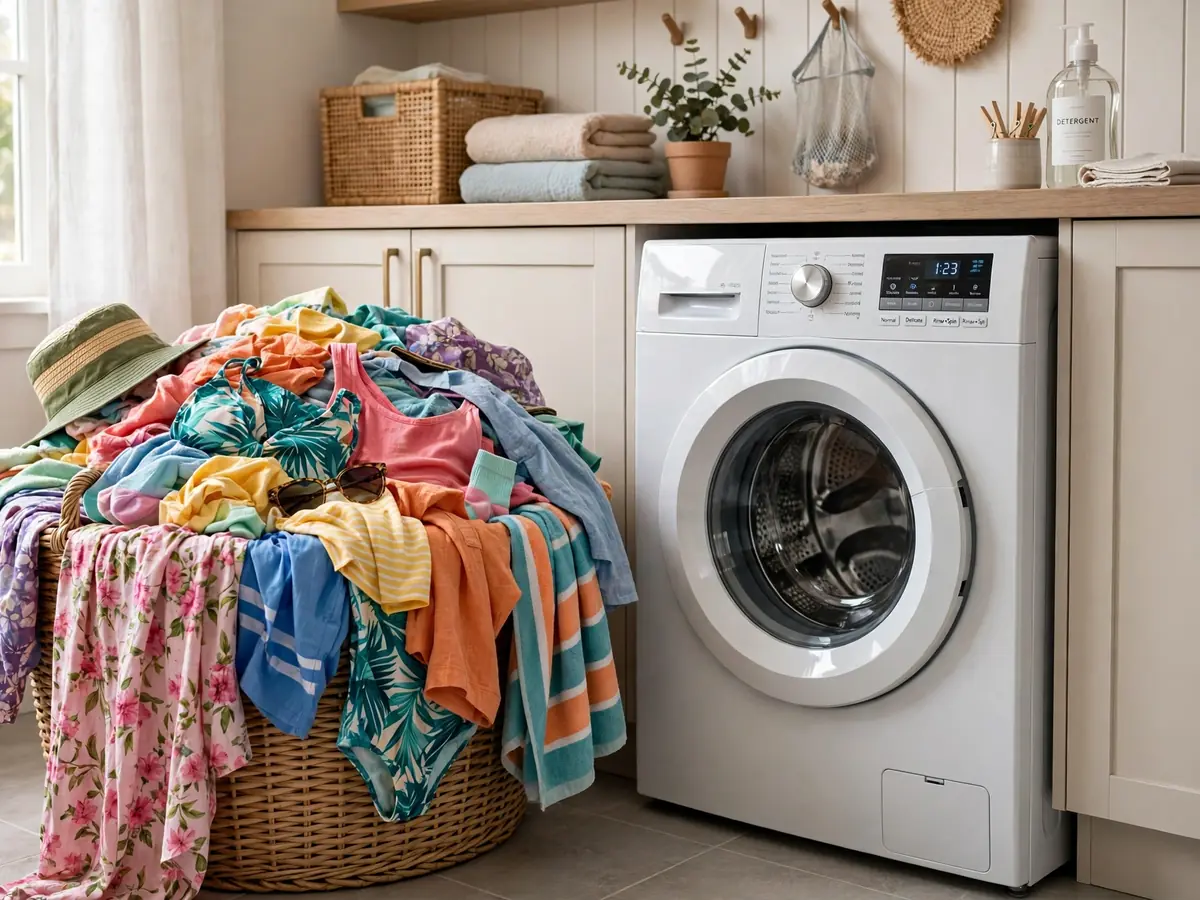 Laundry basket of summer clothes next to a front-loading washing machine