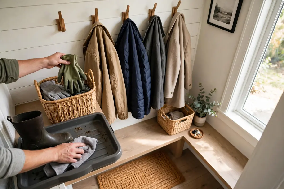 Hands tidying a small entryway, returning gloves to a basket and wiping a boot tray