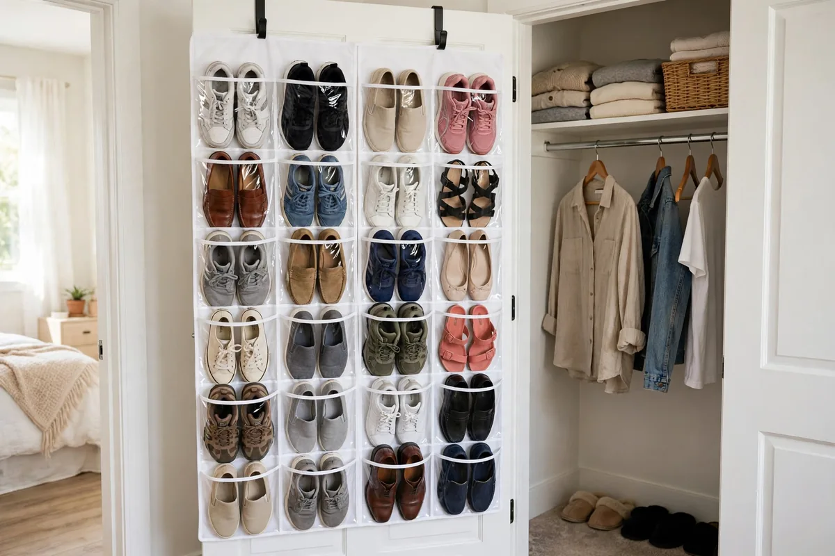Over-the-door shoe organizer with 24 clear pockets holding shoes on a closet door.
