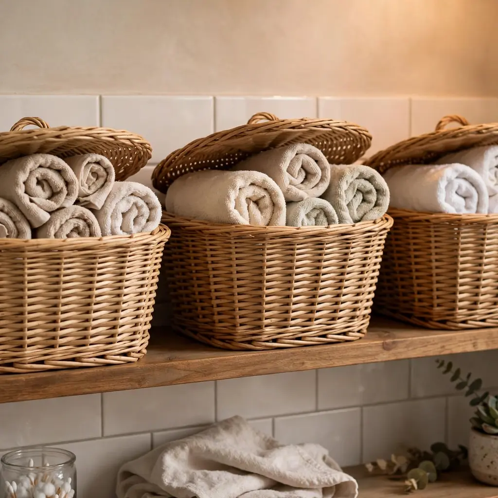 Lidded wicker baskets holding rolled towels on a bathroom shelf