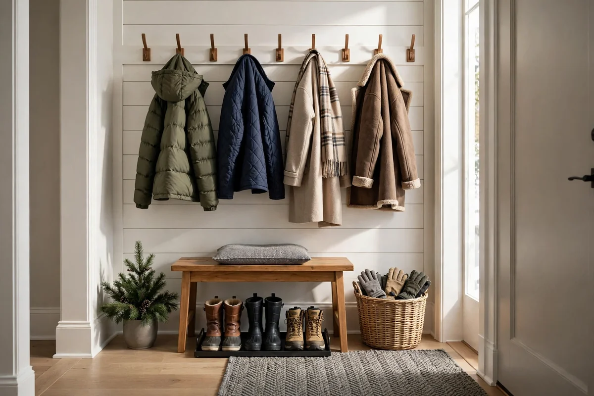 Tidy winter entryway with coats on hooks, boots on a tray, and a basket for gloves