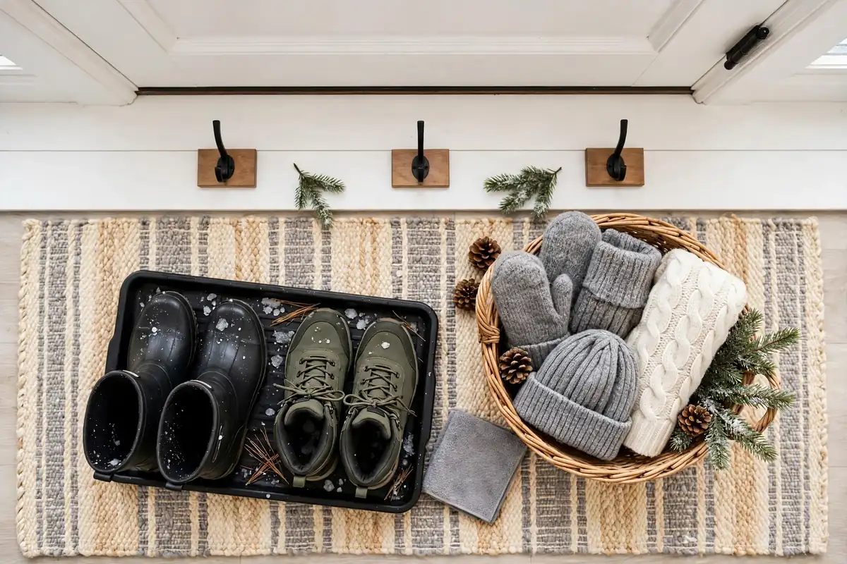 Simple winter entryway setup with a boot tray, wall hooks, a woven basket, and a runner rug
