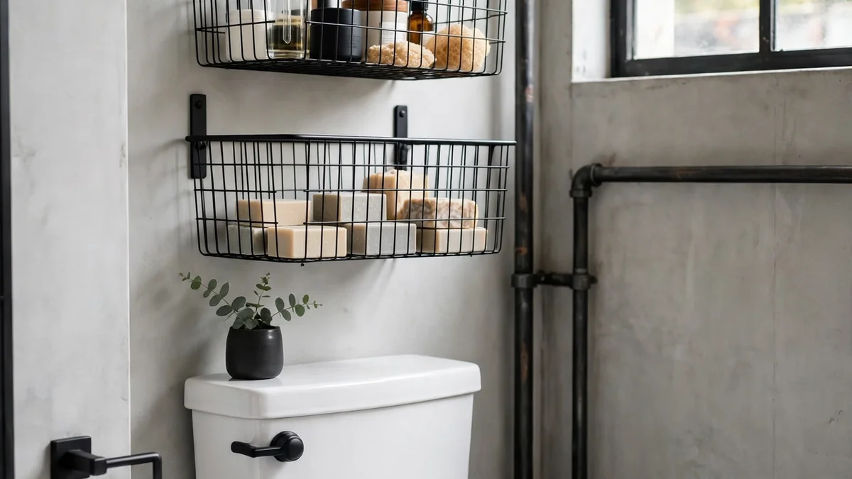 Three black wire wall baskets mounted above a toilet holding washcloths and toiletries