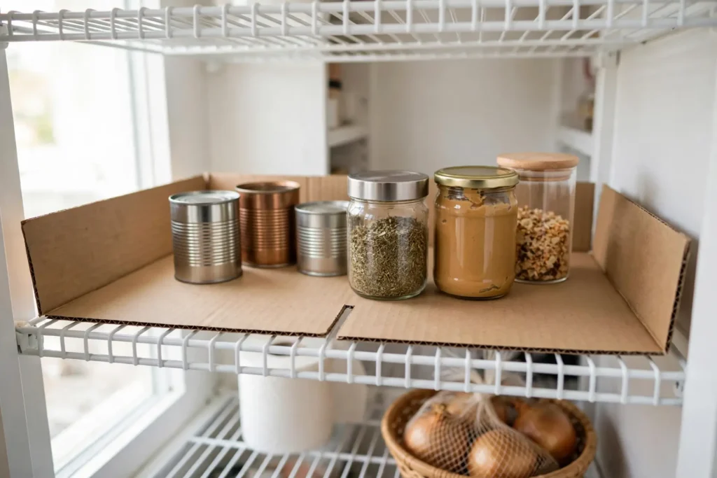 Cardboard liner laid flat on a wire pantry shelf so small cans stand stable