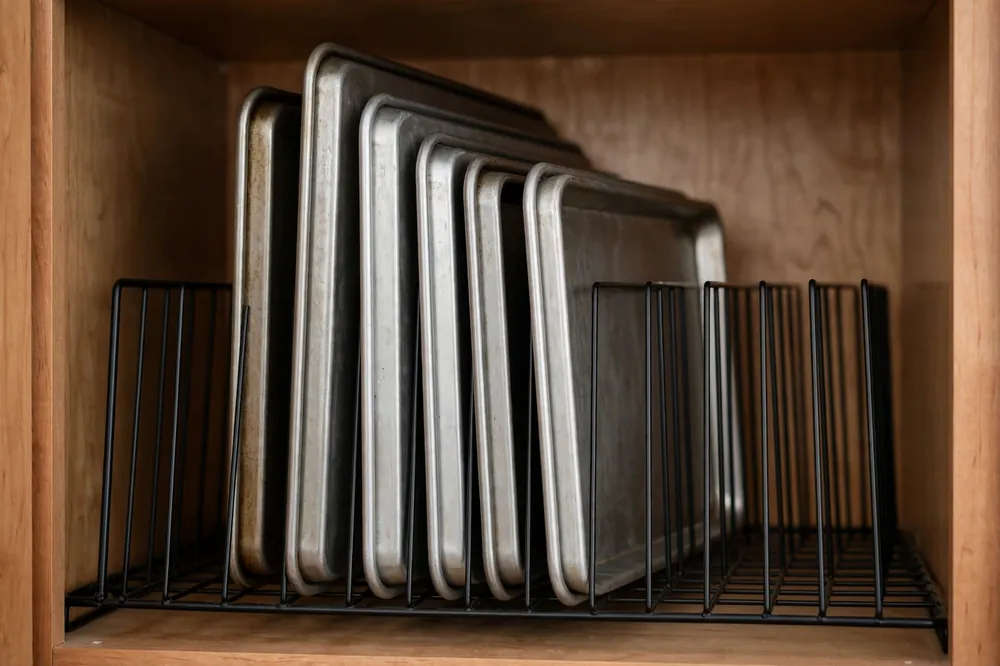 Black wire vertical rack organizer holding baking sheets upright inside a cabinet