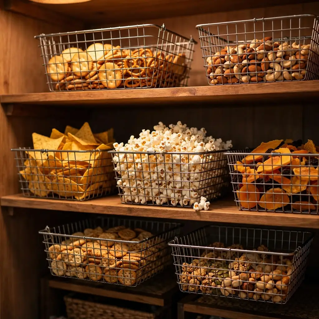 Metal wire baskets holding snacks on pantry shelves