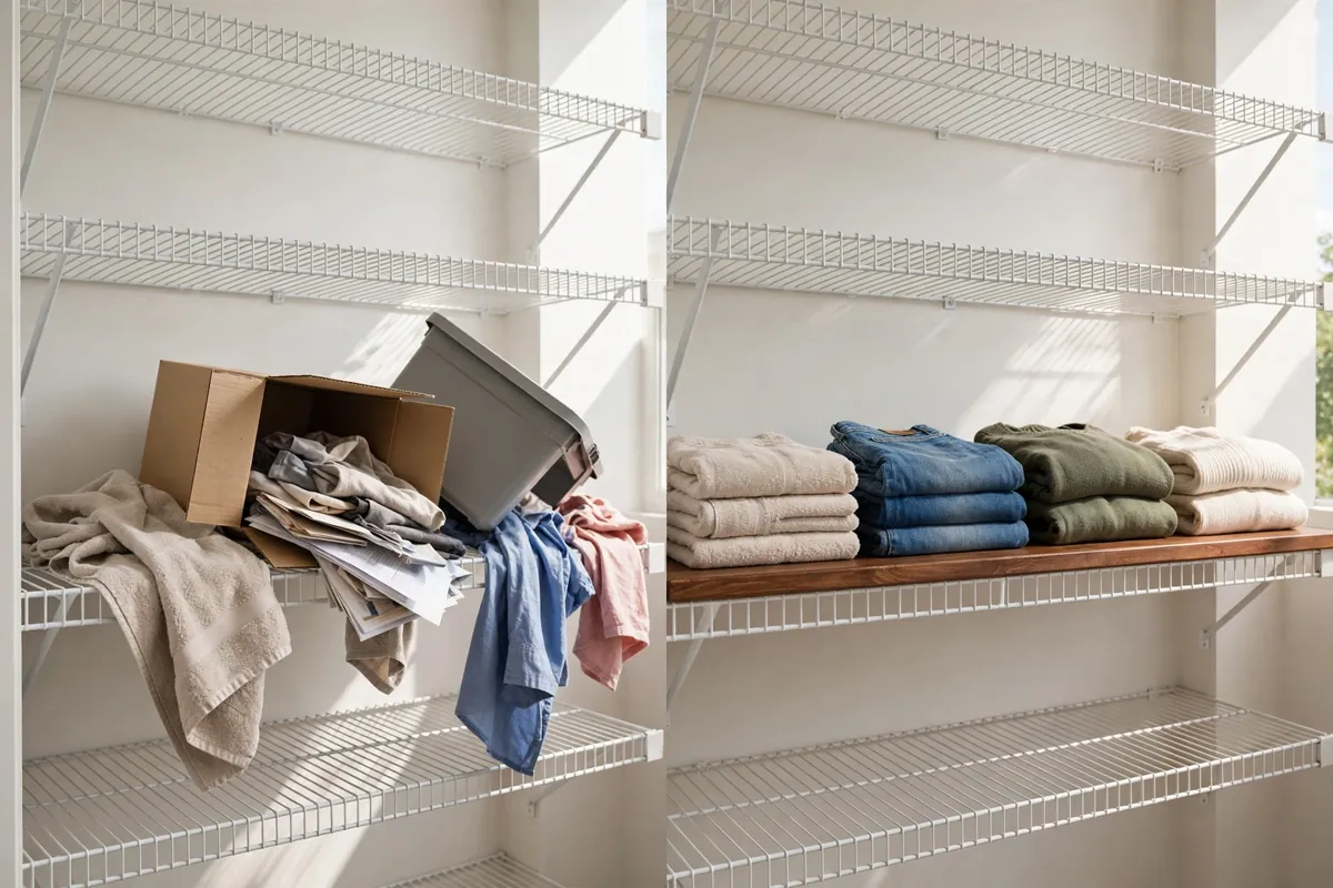 Wood shelf cover laid over wire closet shelving for a flat surface.