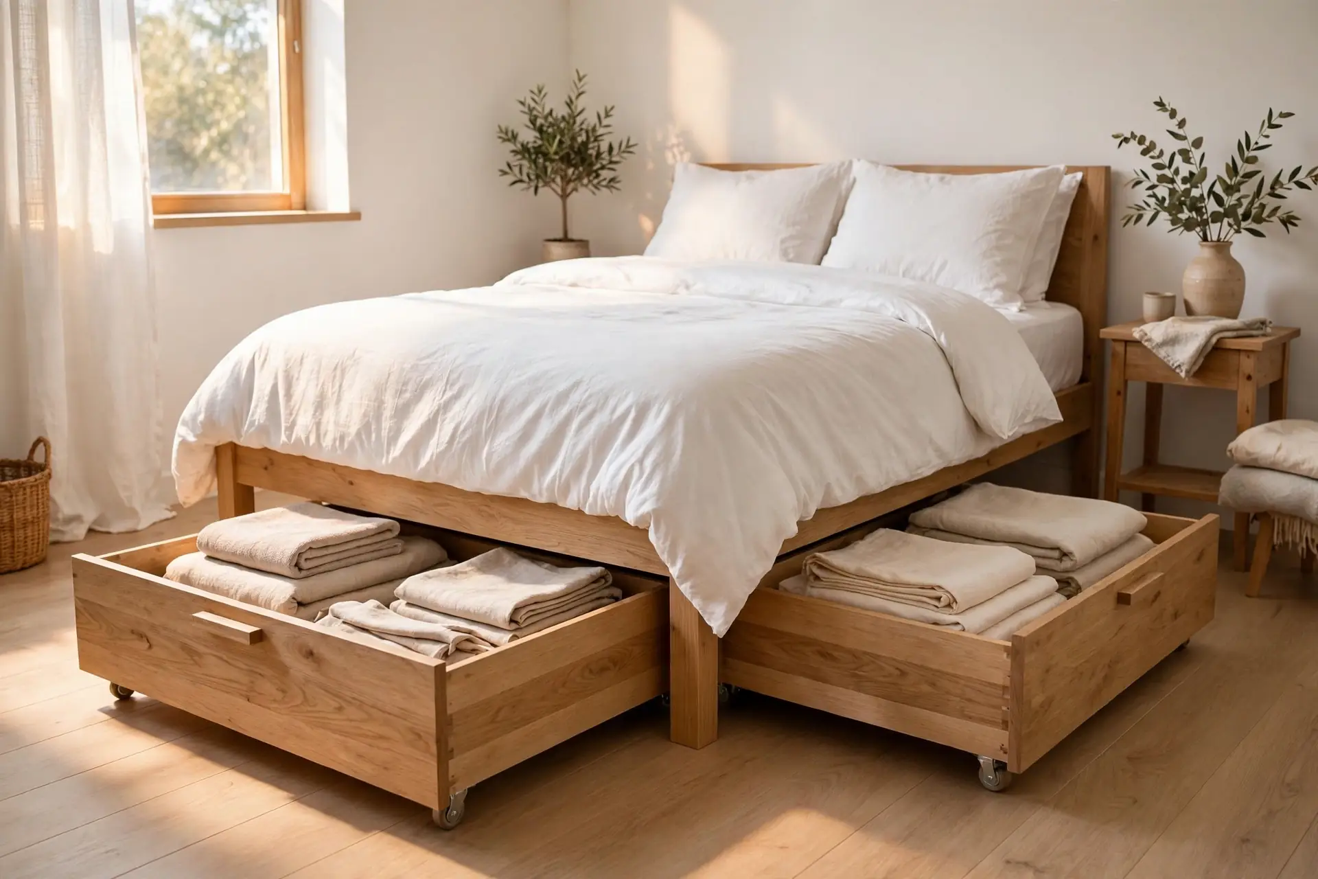 Wooden rolling drawers used as under bed storage in a small bedroom