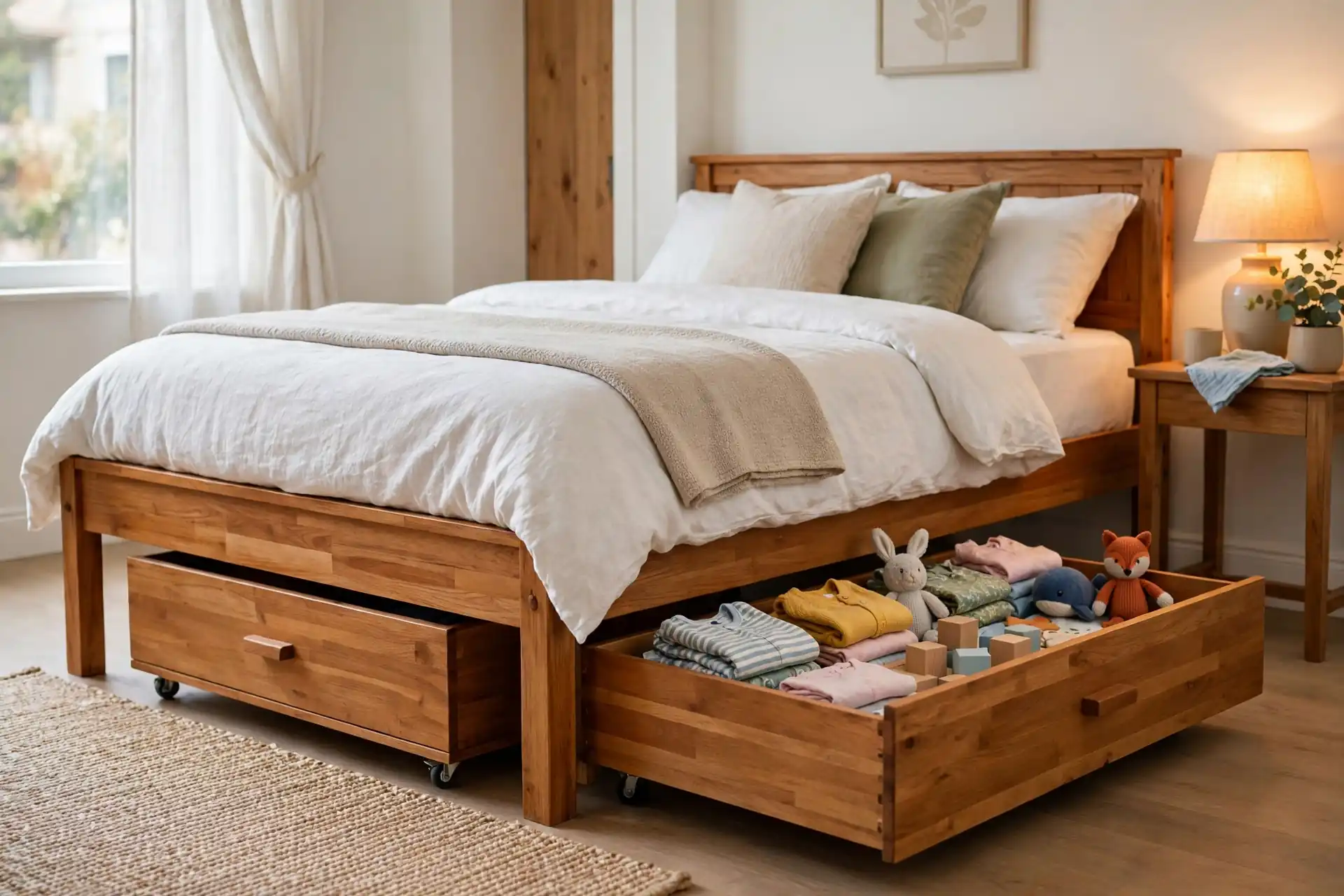 Two solid wood rolling drawers under a wooden bed frame, one pulled out