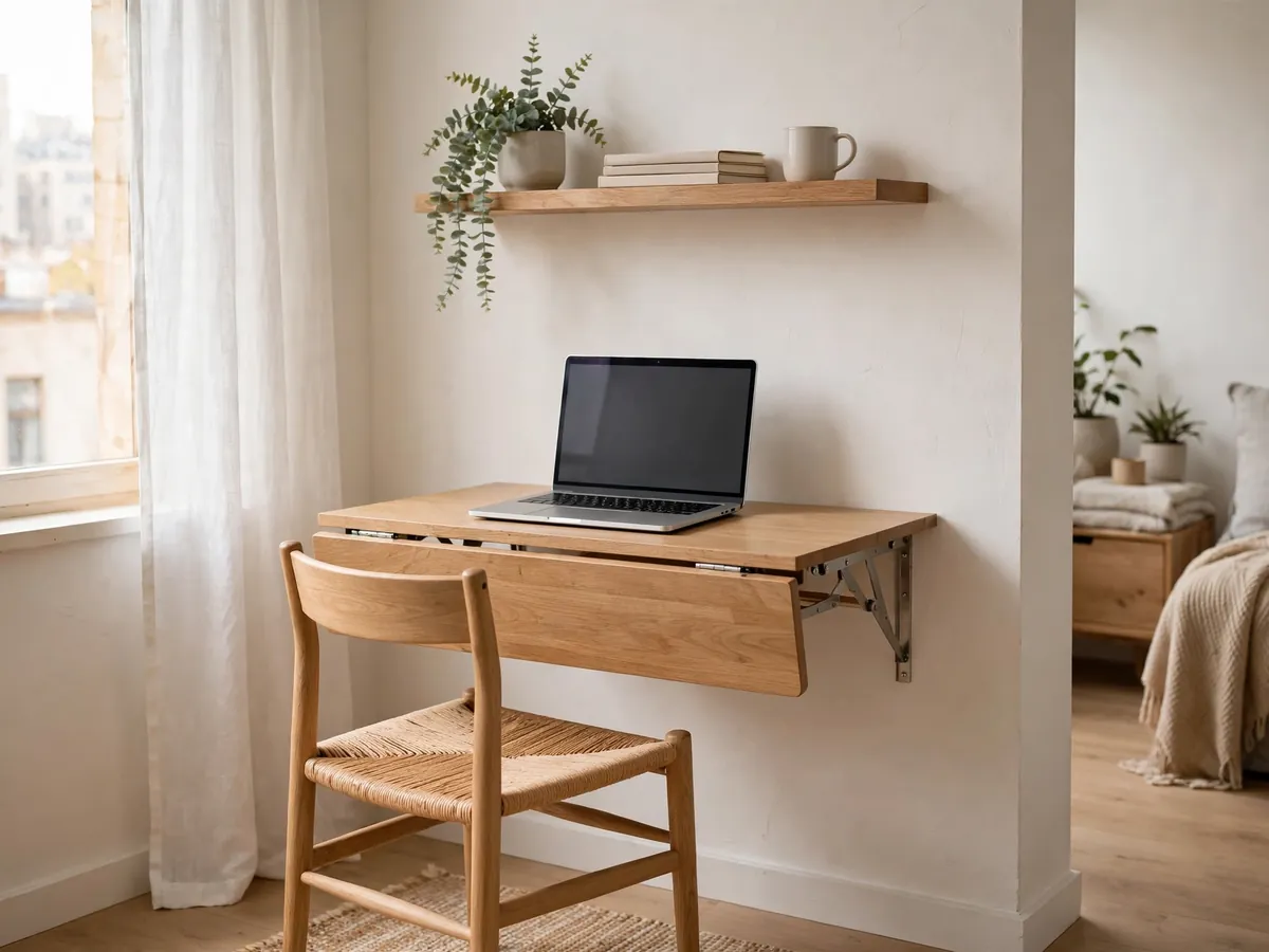 Wall-mounted drop-leaf desk as a compact work zone in a studio