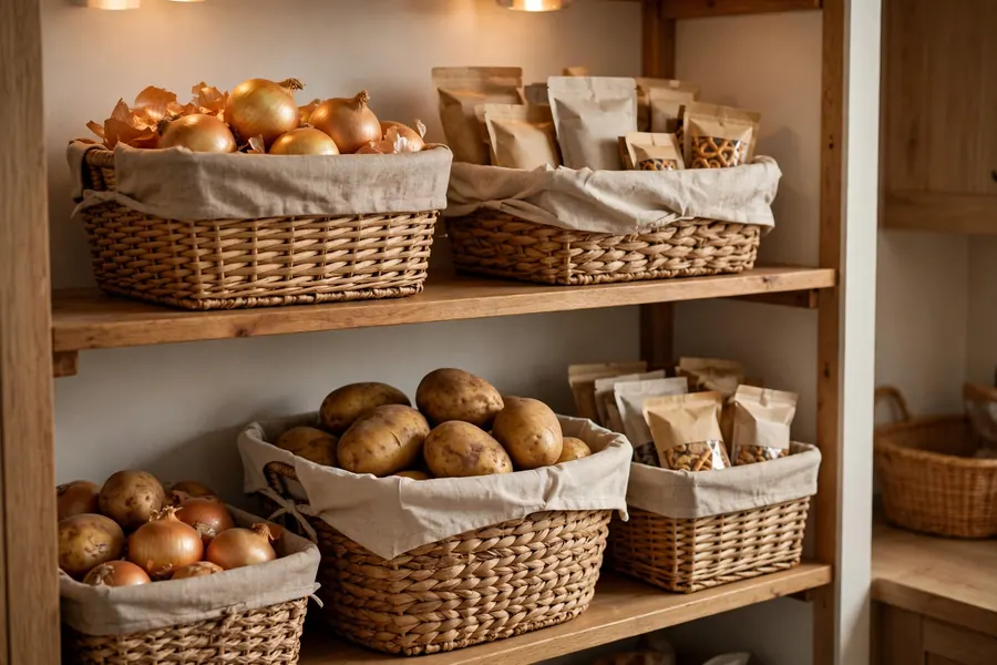Woven natural-fiber pantry baskets with liners holding onions, potatoes, and snack packs