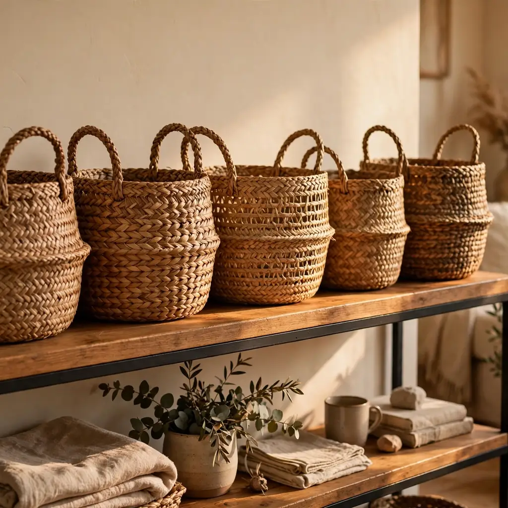 Woven seagrass storage baskets with handles lined up on an open living room shelf